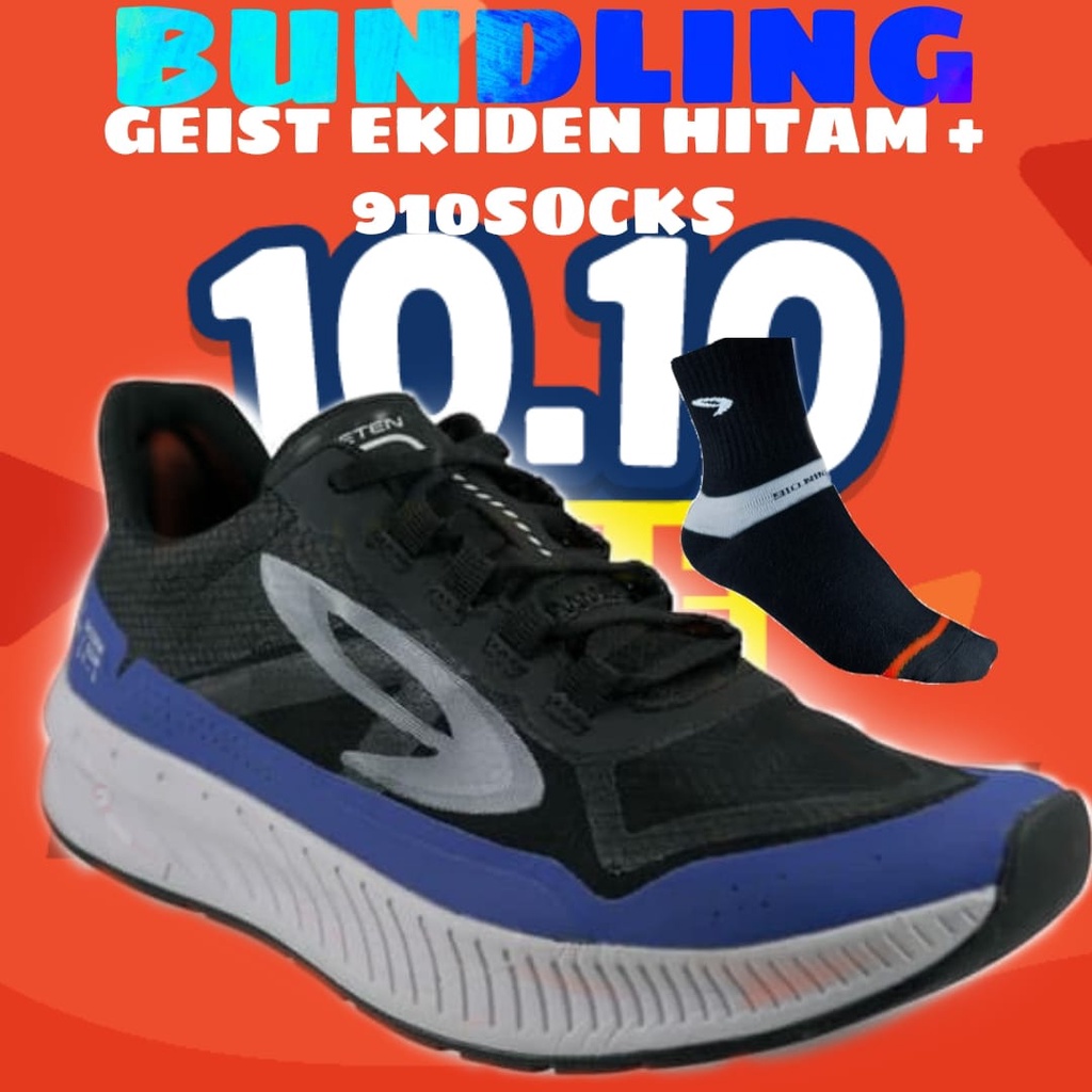 BUNDLING 910Nineten Geist Ekiden Sepatu Running - Hitam Biru + 910 socks Hitam