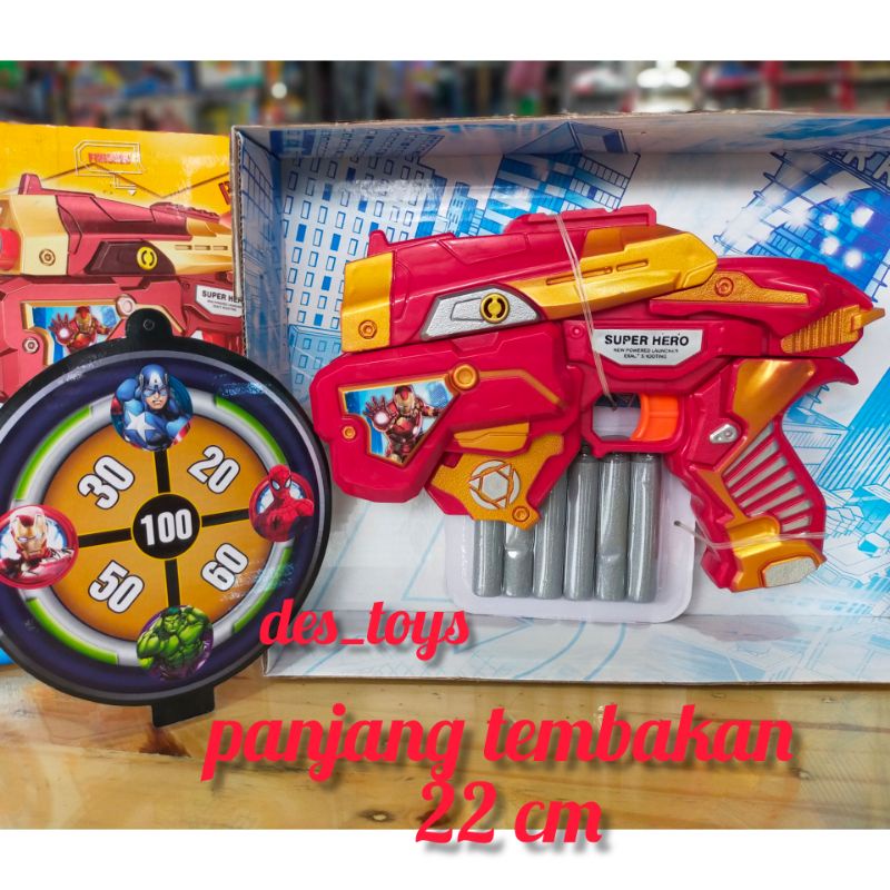 MAINAN TEMBAKAN PELURU NERF CIVIL WAR IRONMAN MAINAN PISTOL SUPERHERO SOFT BULLET