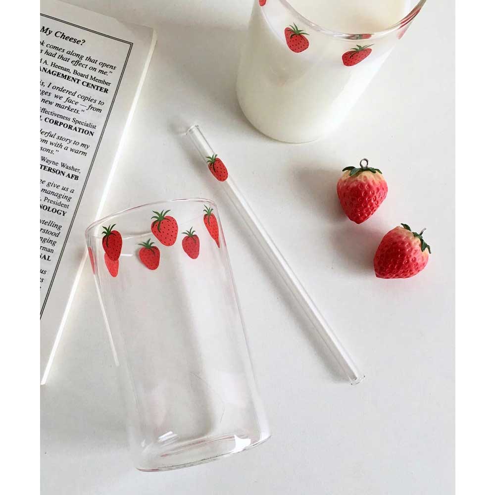 Gelas Jus Susu Motif Strawberry Borosilicate Glass dengan Sedotan 300ml - SR753 - Transparent