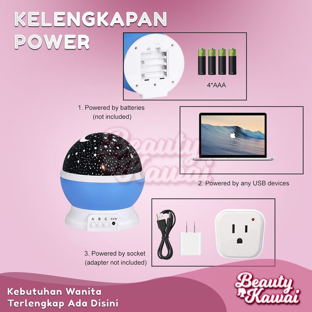 Lampu Tidur Aesthetic Star Proyektor Karakter Bintang Bulan LED Rotating