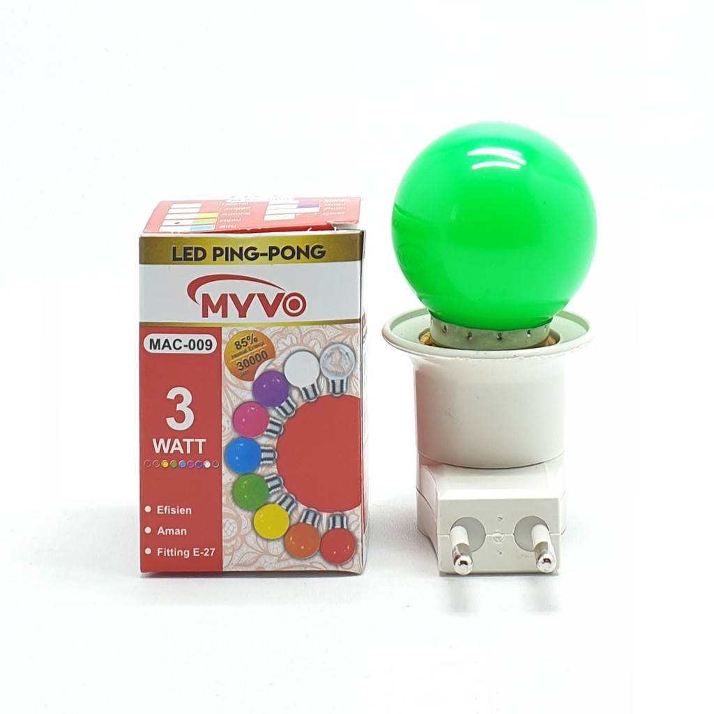 Myvo Hijau Lampu Led Ping Pong 3W E27 Warna Hijau + Linux Fiting Colok Switch / LAMPU TIDUR