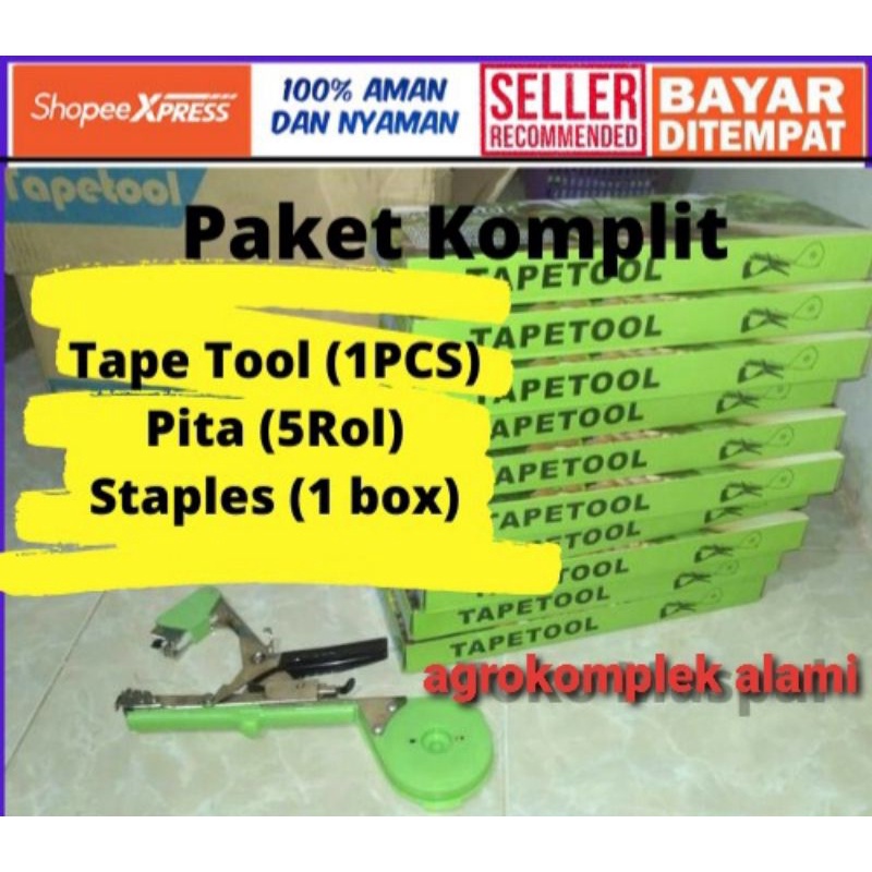 Tapetool Tape tool Alat Pengikat Lanjaran Tanaman  (Paket KOMPLIT 1 Tepetool 5 Pita 1 box Staples)