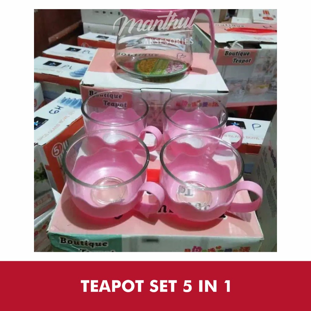 Tea Pot Set 5 in 1 Tempat Minum Teh Teko Set Cangkir Kaca Teapot gelas