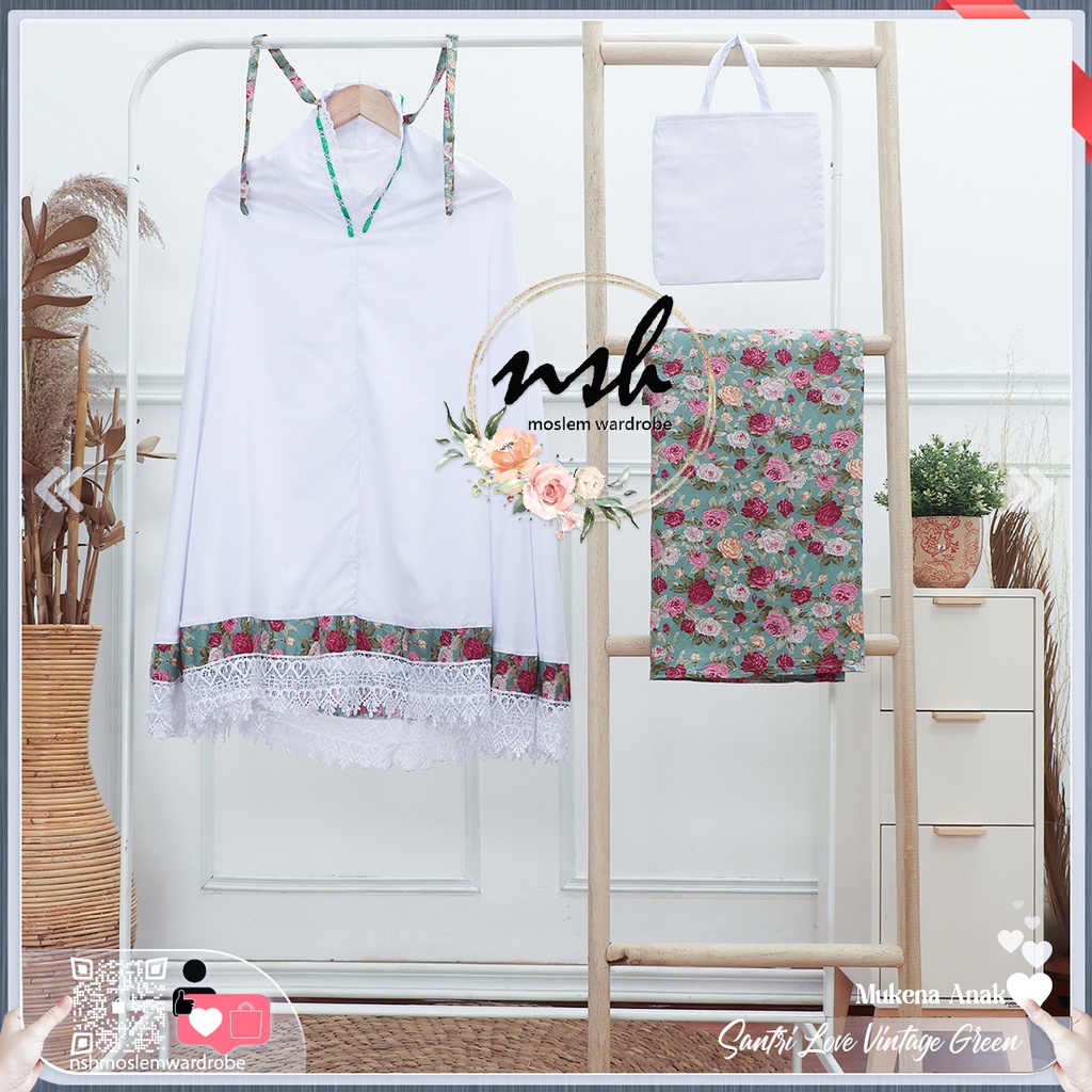[𝓷𝓼𝓸] Mukena Anak Santri Renda Love (Muat Hingga Ukuran Tanggung banyak warna)-Vintage Green