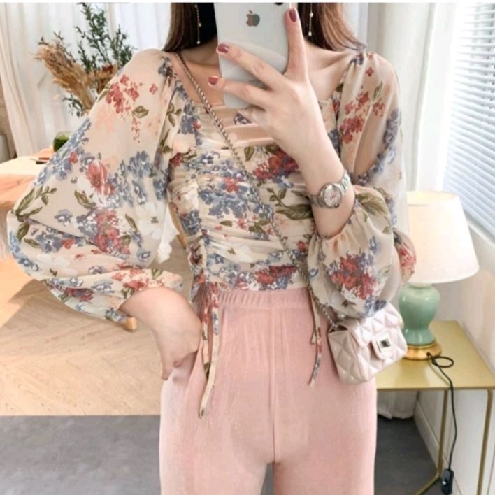 2189 Baju atasan blouse serut Cropped crop krop top pendek Korean style putih pink floral wanita imp