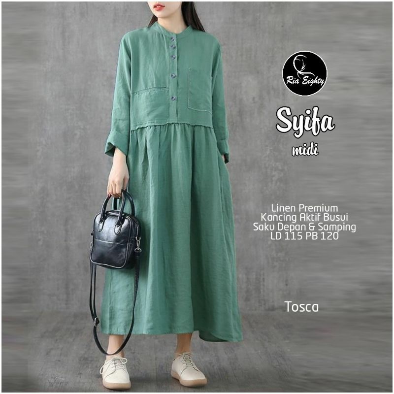 Gamis Wanita Midi Dress Linen Polos Syifa By Ria Eighty