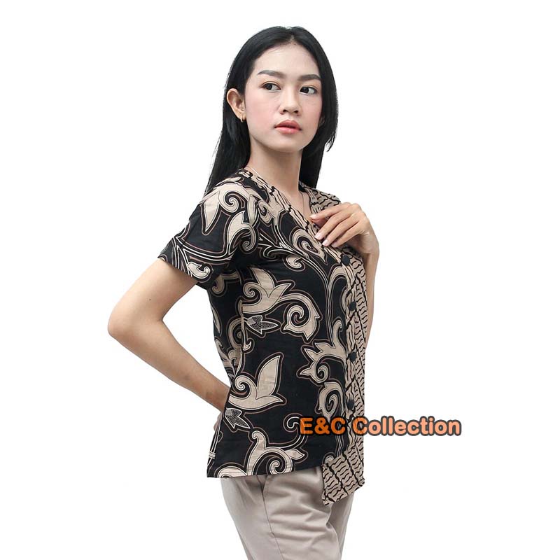 Blouse Batik Wanita Putri Kembar Modern Coklat / Atasan Batik Wanita / S M L XL 2L 3L 4L 5L-Lgn Pendek