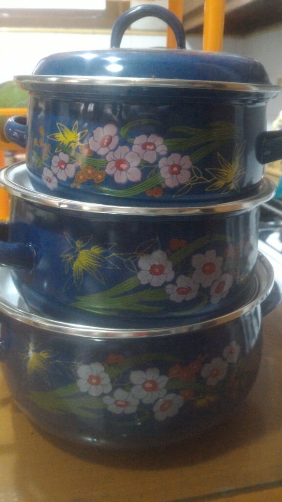 Panci Set Enamel 3 Pcs Tutup Kaca/panci Set Jadul/panco Set Enamel Bunga