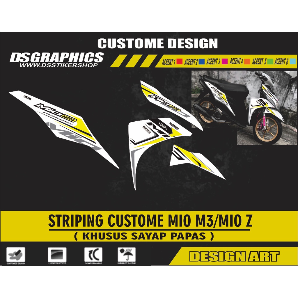 STRIPING VARIASI SEMI DECAL CUSTOME MIO M3 WARNA PUTIH LIS KUNING