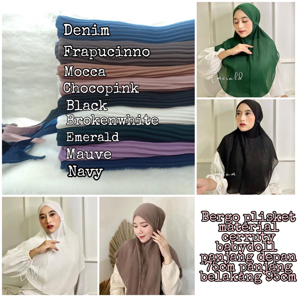 Jilbab Bergo Plisket Ceruty Premium Panjang Depan Belakang 75 cm x 95 cm