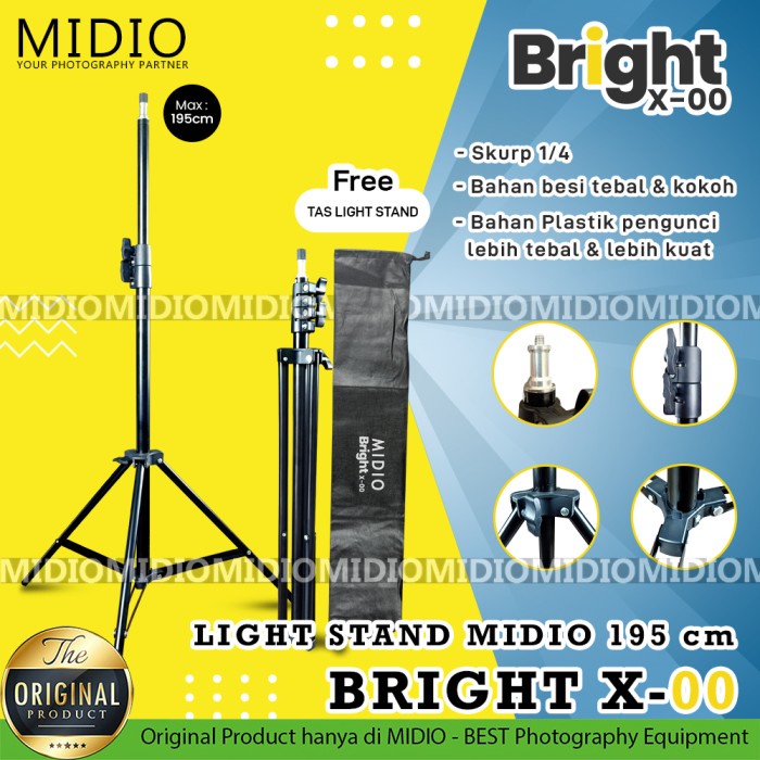 Tripod Light Stand Midio BRIGHT X-00 Foto Studio 195 CM Adjustable Plus Tas(O5G9) Tripot Mini Tripod
