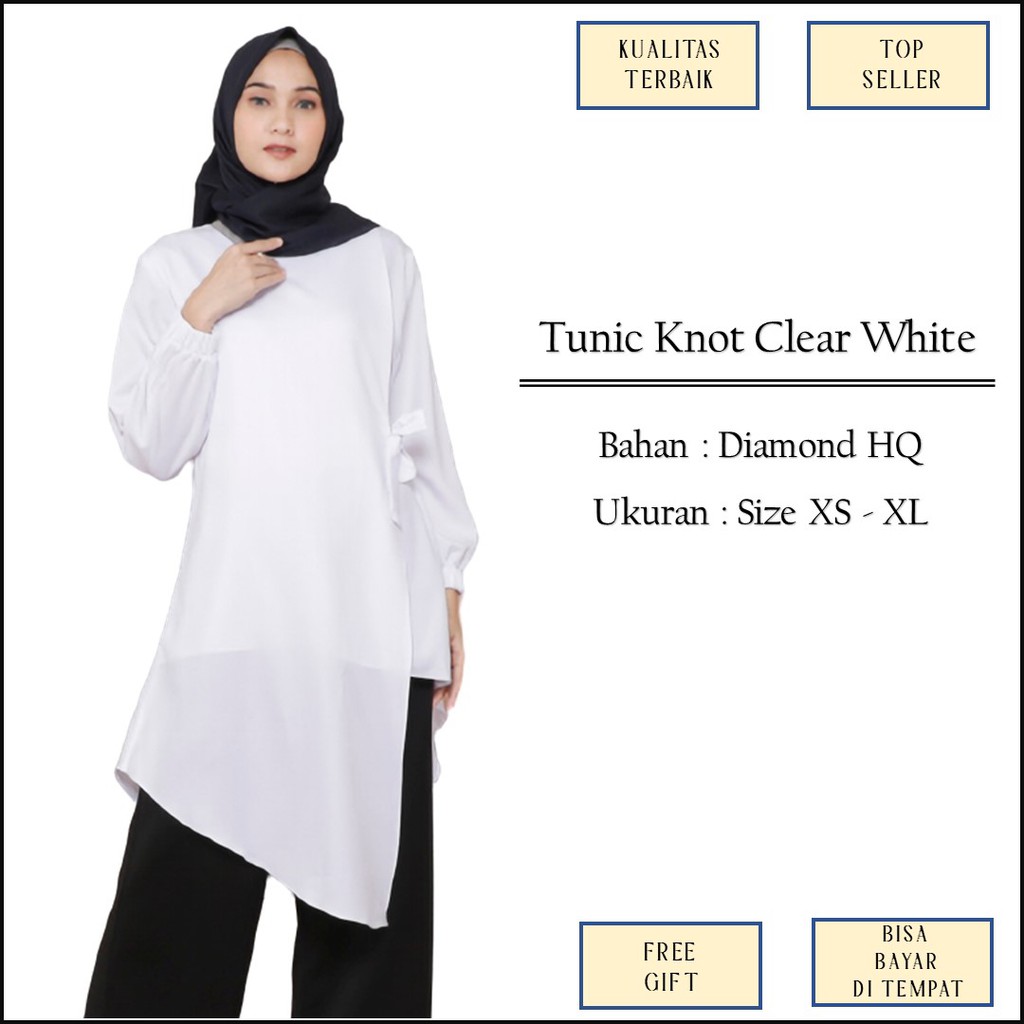 Baju Atasan Tunik Tunic Clear White Putih Casual Polos Variasi Pita Bahan Diamond Size XS XL M1257