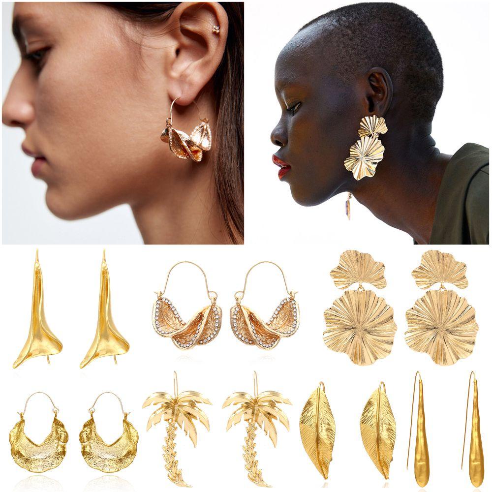 R-flower Gold Leaf Earrings Hadiah Desain Kreatif Panjang Liontin Bunga Telinga Stud