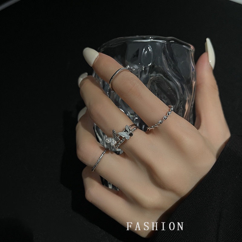 4pcs / Set Cincin Model Double Butterfly Twisted Warna Silver Untuk Wanita