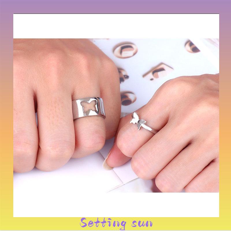 COD✨ 2pcs / Set Cincin Desain Kupu-Kupu Hollow Warna Emas Silver Gaya Retro Untuk Pasangan TN