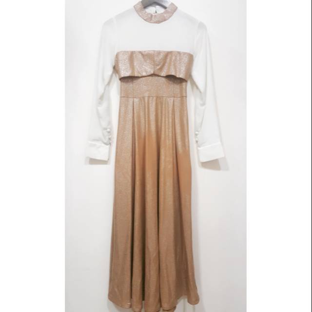 Gaun Pesta Muslimah Putih Emas White Gold Party Dress Mewah Murah S - XL