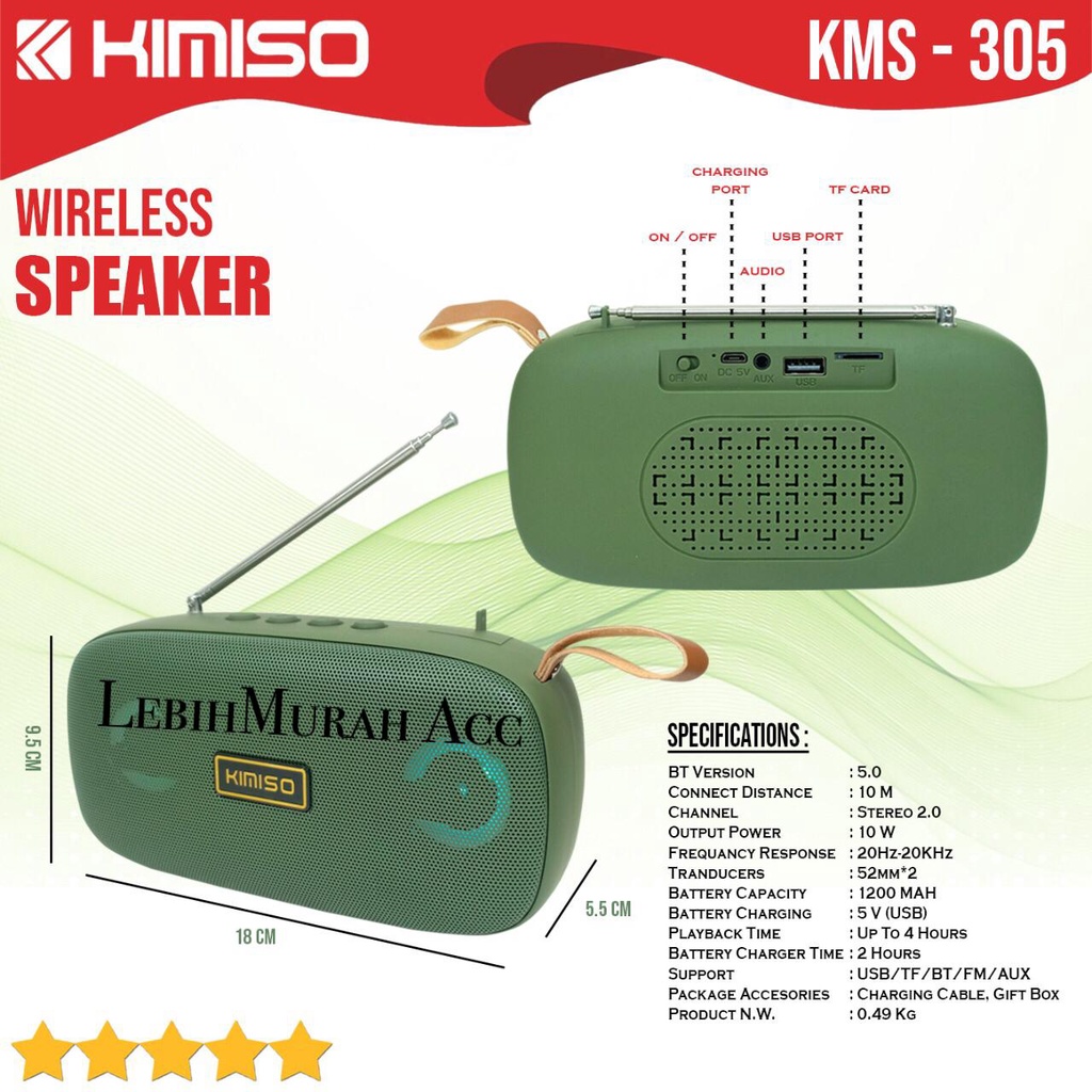 OSpeaker Bluetooh KIMISO KMS 305 Wireless Portabel High Bass Speaker Aktif Kimiso KM305 Stereo Original