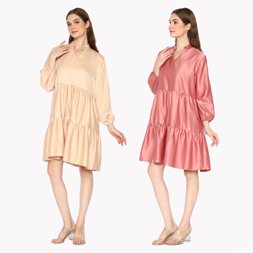 BAJU WANITA MINI DRESS KOREA TUNIK RUFFLE LONGSLEEVE KEKINIAN PREMIUM SILK RAVENNA