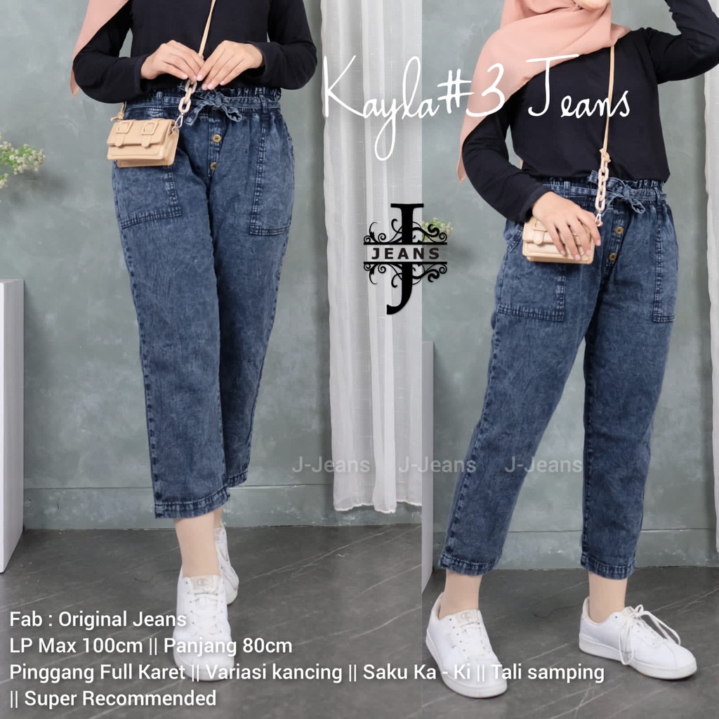 KAYLA #3 / Celana Baggy Jeans Kancing Snow High Waist dengan Tali Gesper