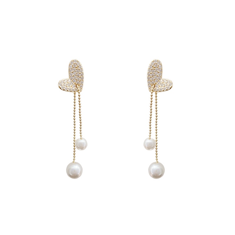 Anting Gantung Panjang Model Hati Dengan Rumbai Mutiara Bahan silver 925 Untuk Wanita