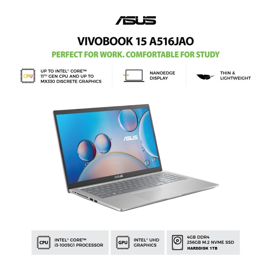 Laptop ASUS A516JAO-FHD3214 (Core i3-1005G1 1.2Ghz 4GB 512SSD HDD 1TB 15,6Inch IPS W10 &amp; OHS 19)