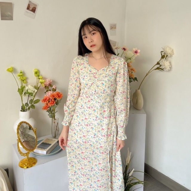 KANON - Yuzuri Floral Dress - Dress midi vintage pantai / musim panas motif bunga