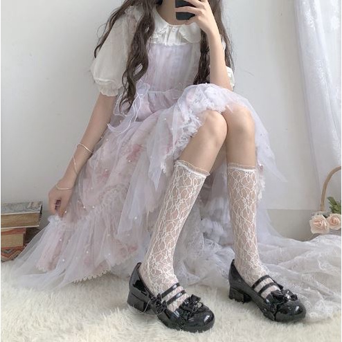 LS-04 Kaos Kaki Transparan Renda Putih Hitam Lace Cute Lolita Cosplay