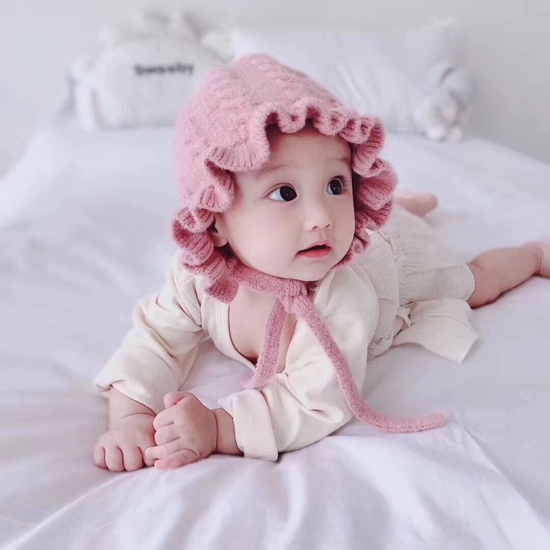 topi kupluk rajut bonnet tali casual handmande aksesn ruffle bayi perempuan topi bonnet bayi perempu