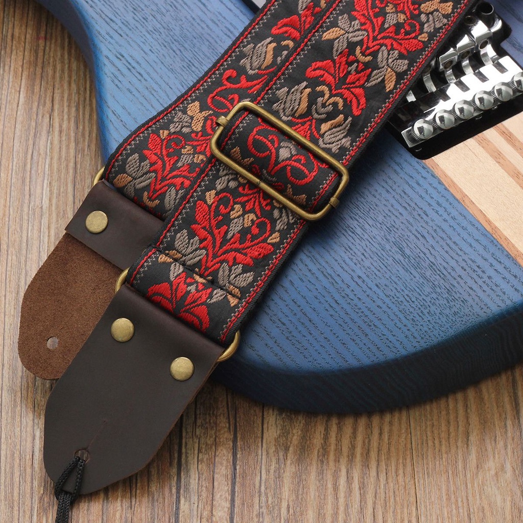 Strap Gitar Bahan Kulit Motif Bunga Warna Hitam Dan Merah Gaya Bohemia