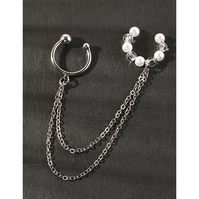 LRC Anting Tusuk Fashion Silver Color C-shaped Pearl Chain P84173