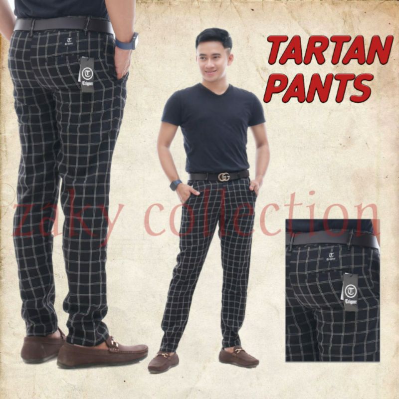 CELANA CHINO PRIA PANJANG TARTAN KOTAK HITAM 27-33 HITS TERBARU