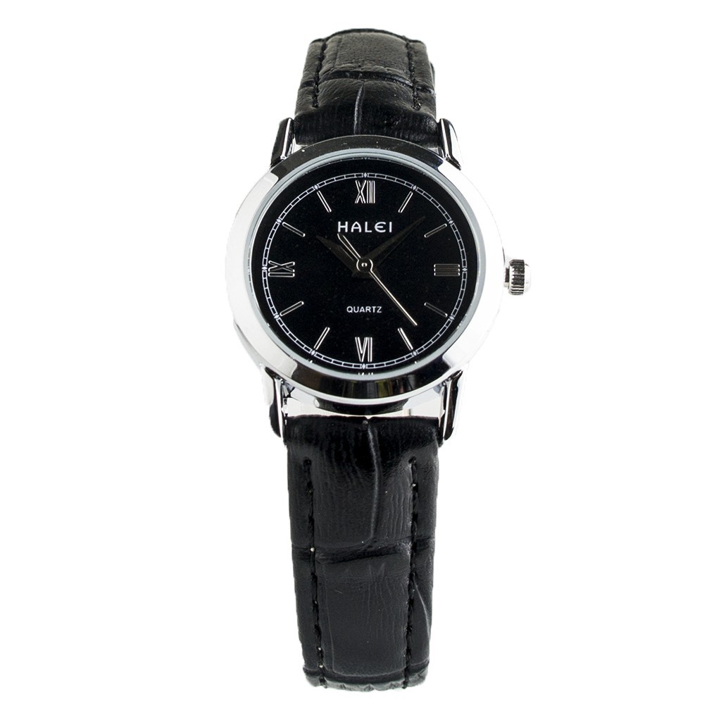 Jam Tangan Wanita Keren Anti Air Halei Original 530L Rantai Kulit Hitam Plat Hitam, Murah Meriah