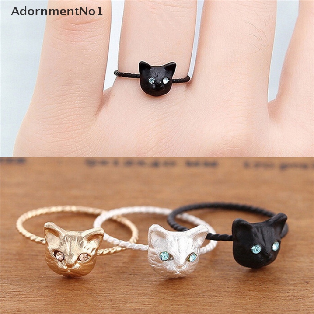 (AdornmentNo1) 1pc Cincin Bentuk Kucing Mini Aksen Berlian Imitasi Warna Hitam / Gold / Silver Untuk Wanita