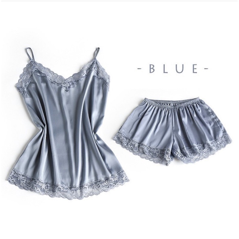 Setelan Piyama Baju Tidur Wanita Camisole Silk Satin 085 085 Polos Elegan Adem Silky Premium Quality-085 Blue