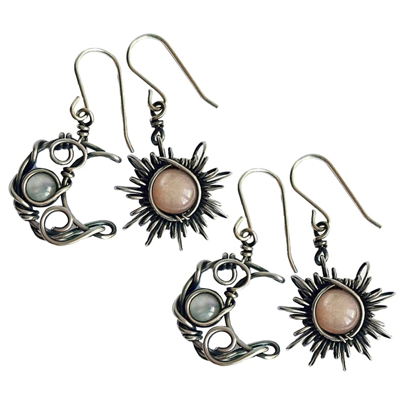 Anting Kait Silver Bentuk Matahari Dan Bulan Gaya Vintage Untuk Wanita