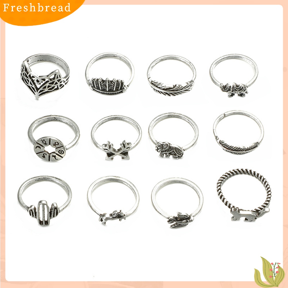 [TERLARIS]12Pcs/Set Leaf Fox Elephant Design Rings Lady Vintage Knuckle Midi Stacking Ring