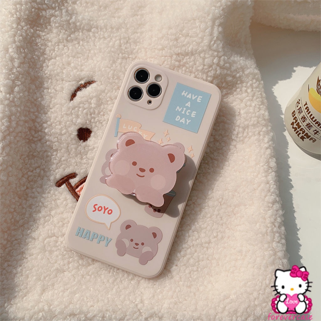 Cute Cartoon Case Oppo A15 Kawaii A54 A95 A35 Reno 5F A12 A16 Bear Popsocket A74 Reno 5 A15S Ins Hot A5S Reno 4 A92 A52 Reno 4F A9 A5 2020 A3S A53 2020 Soft Tpu Milk Tea Cover with Stand Holder Bracket