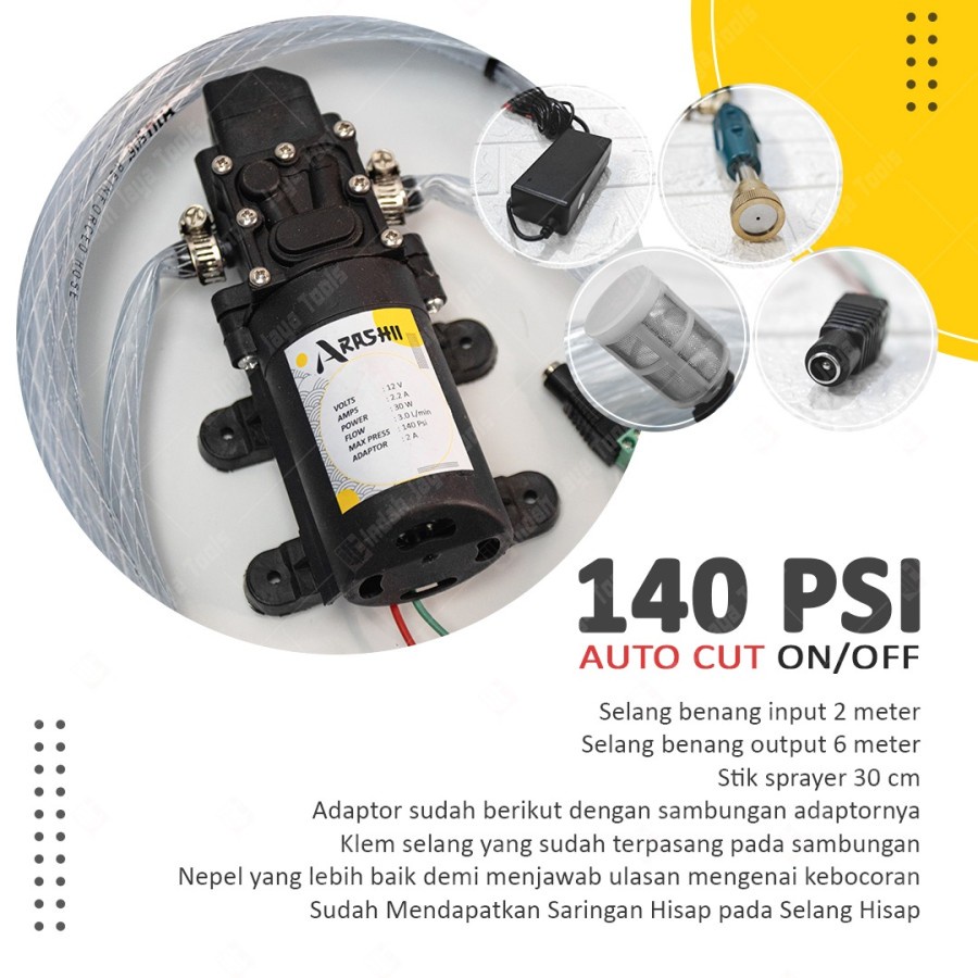 Paket Lengkap Pompa Air OSSEL DC 12V 2A Alat Steam AC Cuci Motor