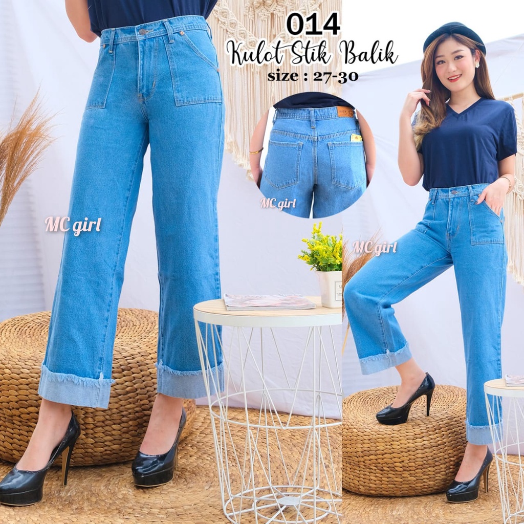 ( Size 27 - 34 ) MC girl - Celana Jeans Kulot Stik Balik Rawis Wanita / Kulot Lepis Stick Balik Rumbai Cewek / Kulot Boyfriend Kaki Lipat Cewe / Boifren Denim / Kaki Lebar