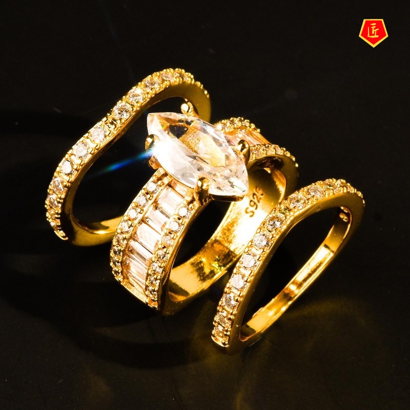 [Ready Stock]18K Gold Luxury Elegant Inlaid Diamond Three-Piece Ring