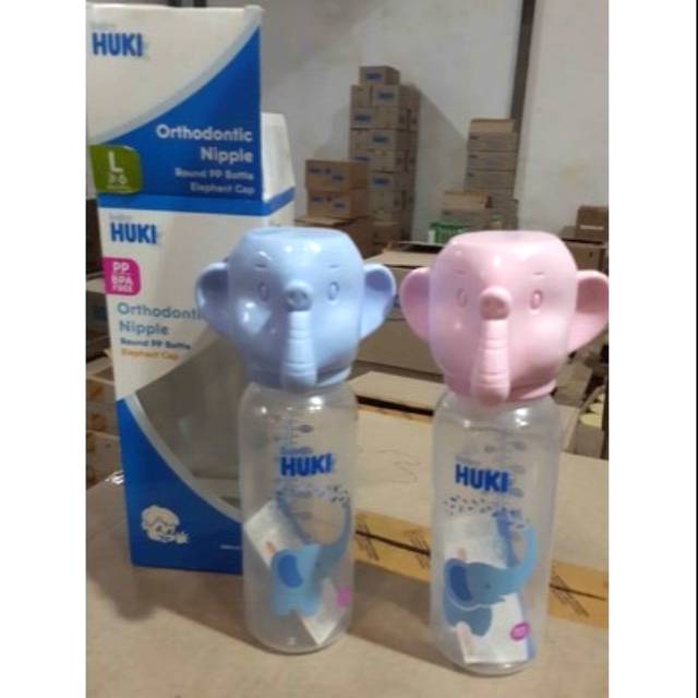 Botol susu Huki baby PP BP 240 ml dot gepeng tutup gajah bpa free #337