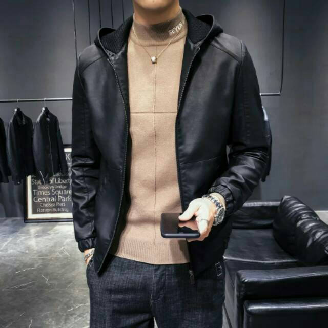 Jaket Pria hoodie leather black