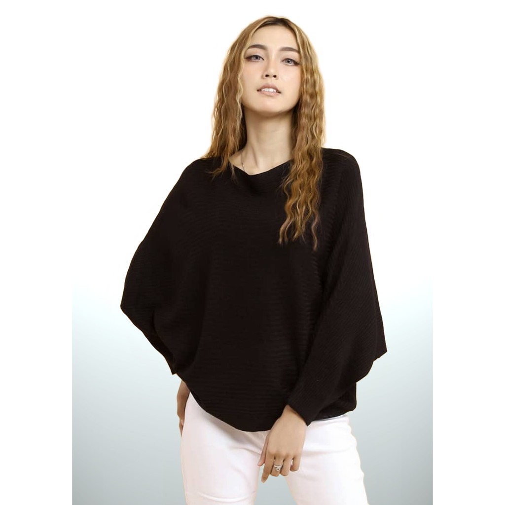 Atasan Rajut Jumbo Wanita Outerwear Blouse Batwing Oversize Lasperal Knit Prily Batwing Kalong Monochrome-Black