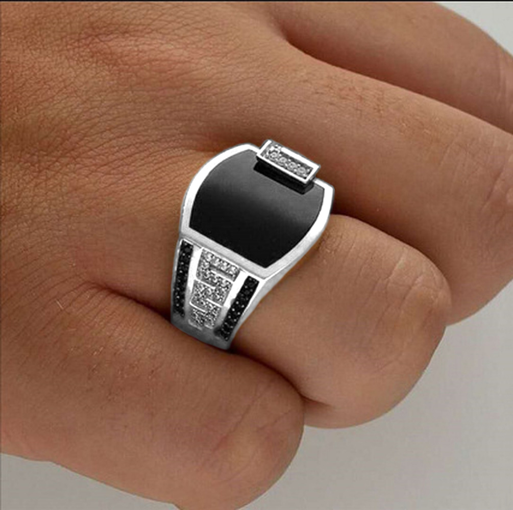 Enamel Berlian Hitam Cincin Pria Baja Titanium perak Emas Aksesoris Perhiasan Fashion Gold Silver Rings