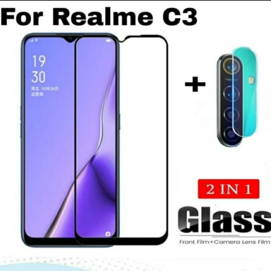 Tempered Glass 9D Realme C3 + Tg Lensa Camera 2in1