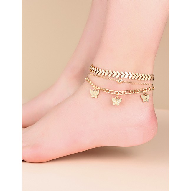 LRC Gelang Fashion Gold Color En Butterfly Love Leaf Alloy Multilayer Anklet K91779