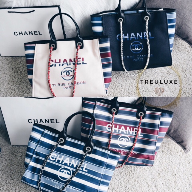 Chanel Deauville Canvas Shopping Tote Bag