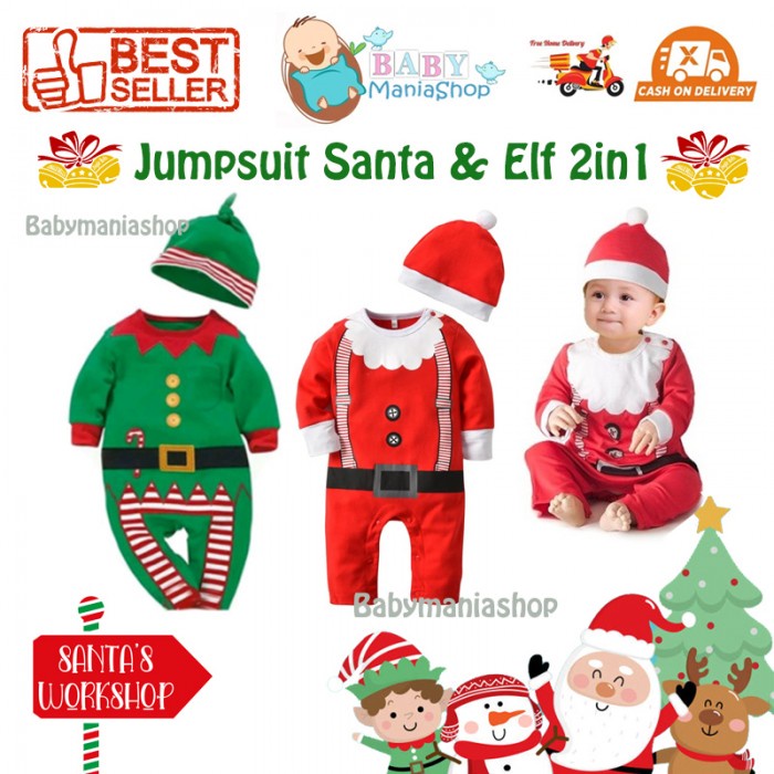 Sleepsuit Natal Romper Santa Claus set Hat 2in1 Jumpsuit ELF Baju Bayi Natal Santa's Little Helper Christmas Jumper Jumpsuit Santa Panjang Pajamas Babymaniashopid