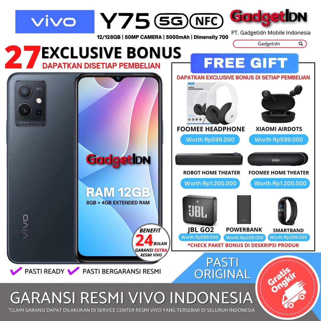 VIVO Y75 5G NFC 12/128GB (RAM 8GB + 4GB EXTENDEDRAM) GARANSI RESMI