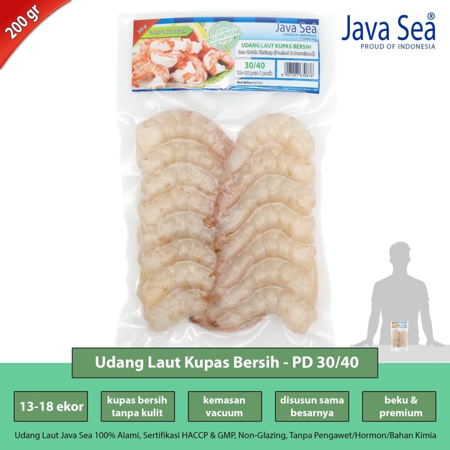 

JAVA SEA Udang Laut Beku Kupas Bersih 30/40 pack 200gr isi 13-18 ekor